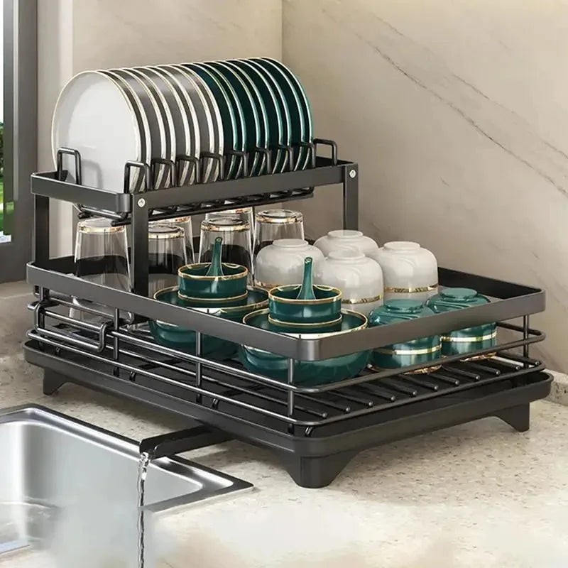 Dish Drying Rack Adjustable Kitchen Plates with Drainboard Over Sink Countertop Cutlery Storage Holder