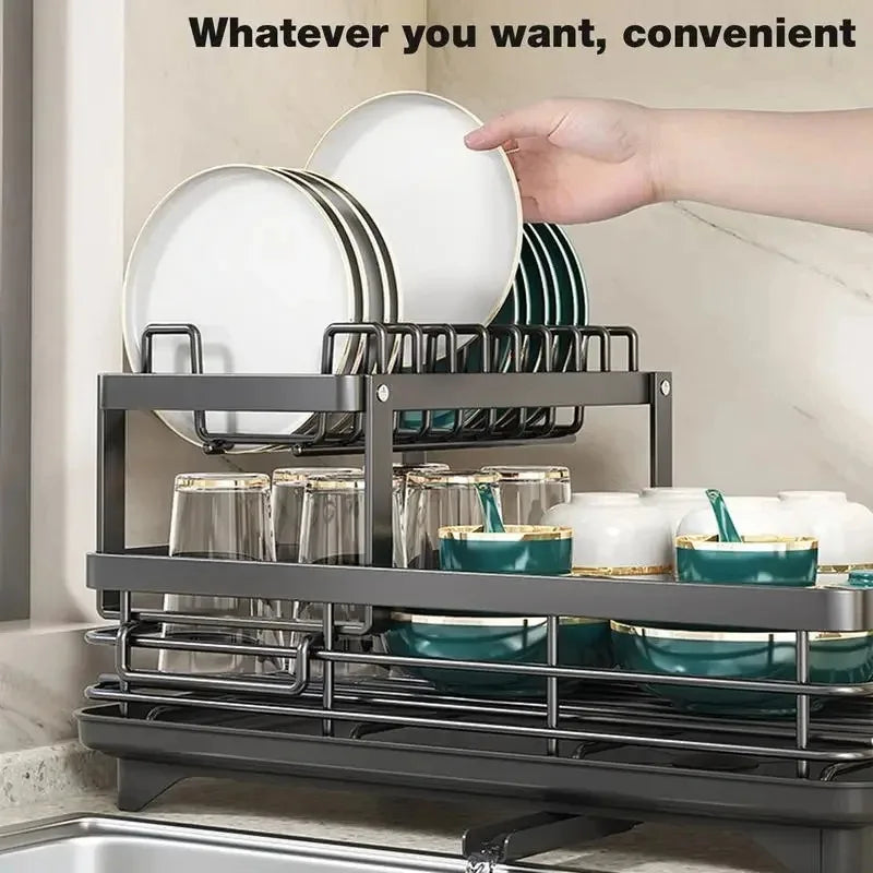 Dish Drying Rack Adjustable Kitchen Plates with Drainboard Over Sink Countertop Cutlery Storage Holder