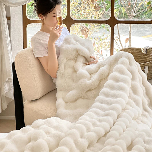 Faux Fur Throw Blanket for Couch, Cozy Warm Plush Striped Blanket for Sofa For all rooms