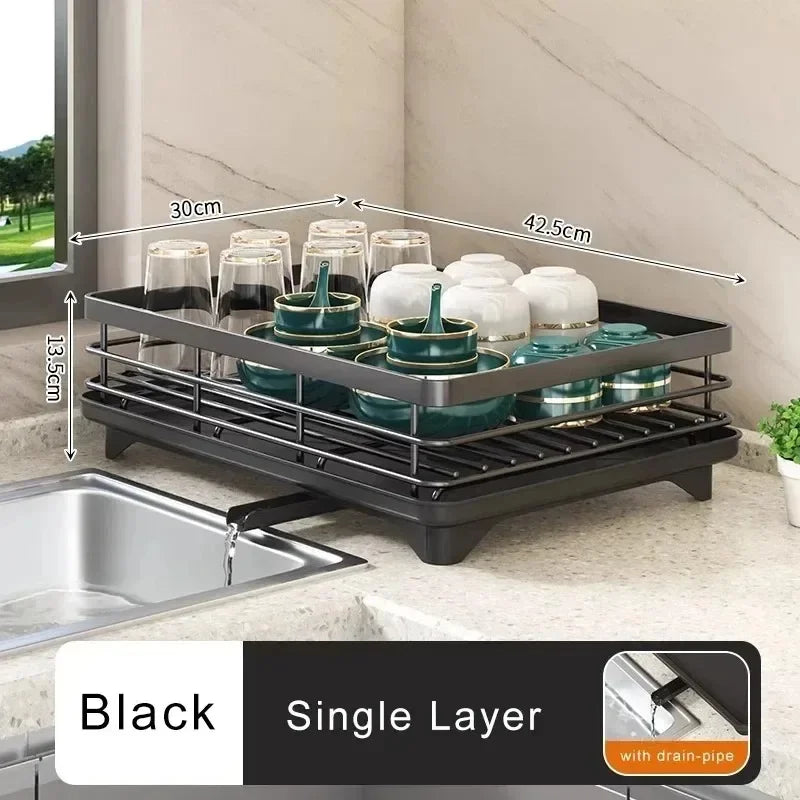 Dish Drying Rack Adjustable Kitchen Plates with Drainboard Over Sink Countertop Cutlery Storage Holder