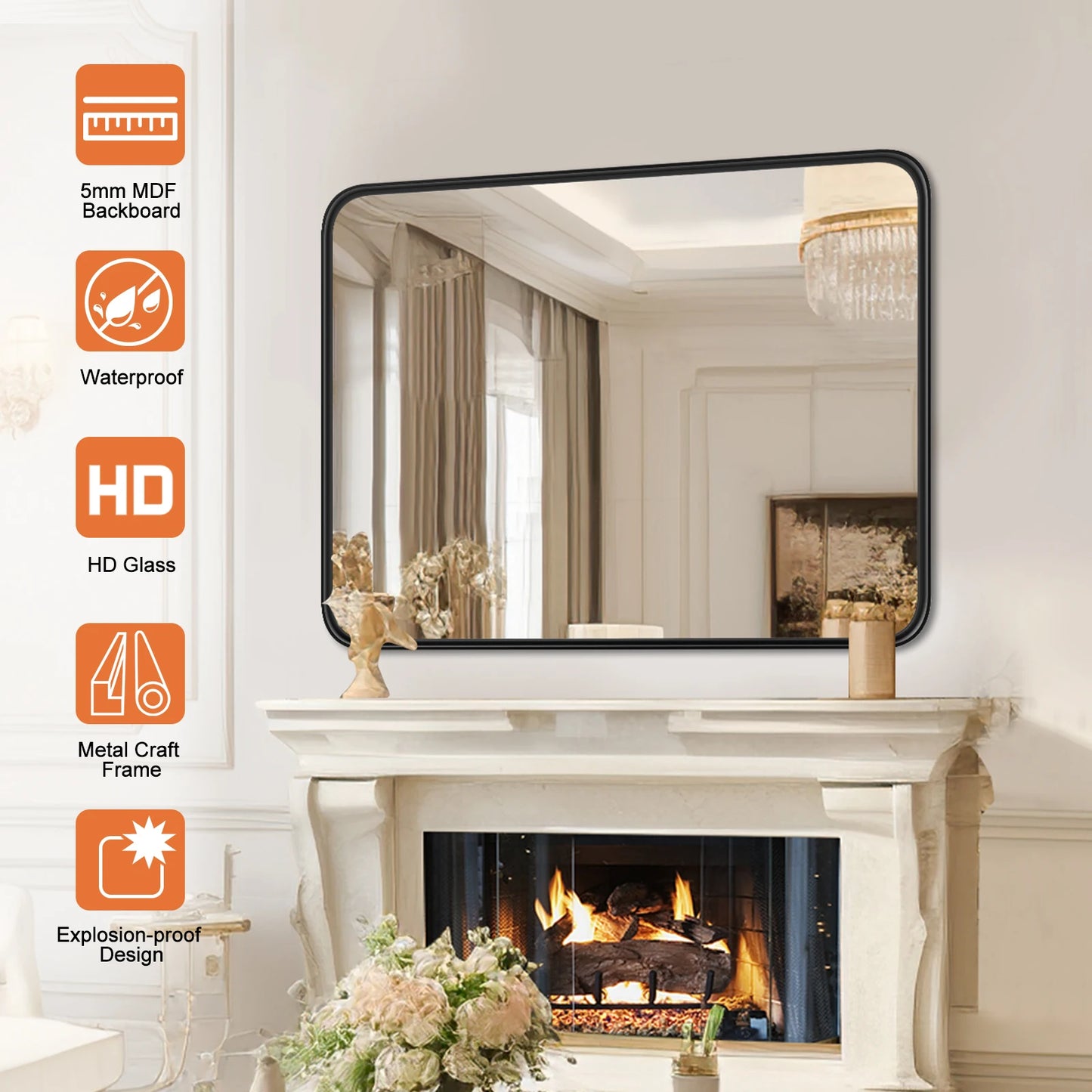 Matte Metal Framed Mirror for Wall  Rectangle Rounded Corner Tempered Glass