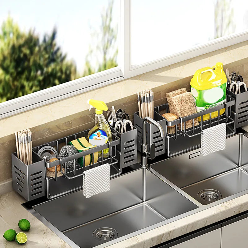 Stainless Steel Kitchen Sink Storage Rack Space Saving Built-in Sponge Rack and Drainage Basket for Kitchen