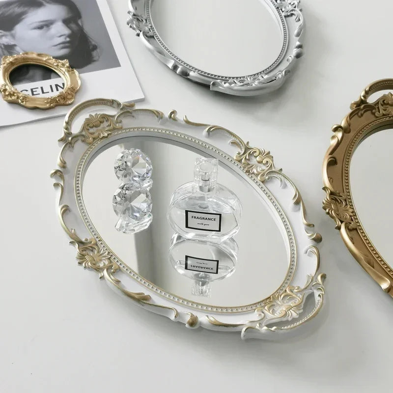 European Decorative Plate Storage Tray Oval Plate Jewelry  Rotary Candy Tray Mirror Decorative Make Up Mirror