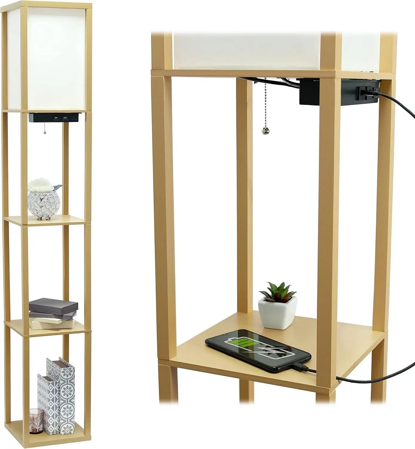 Floor Lamp  Organizer Storage Shelf with 2 USB Charging Ports, 1 Charging Outlet and Linen Shade