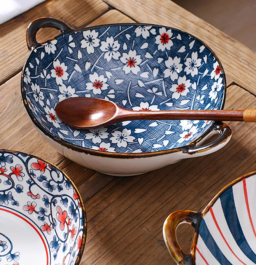 YWDL 700ml Ceramic Salad Bowl With Handle Kitchen Soup, noodles, and fruit Japanese Tableware Microwave Pan