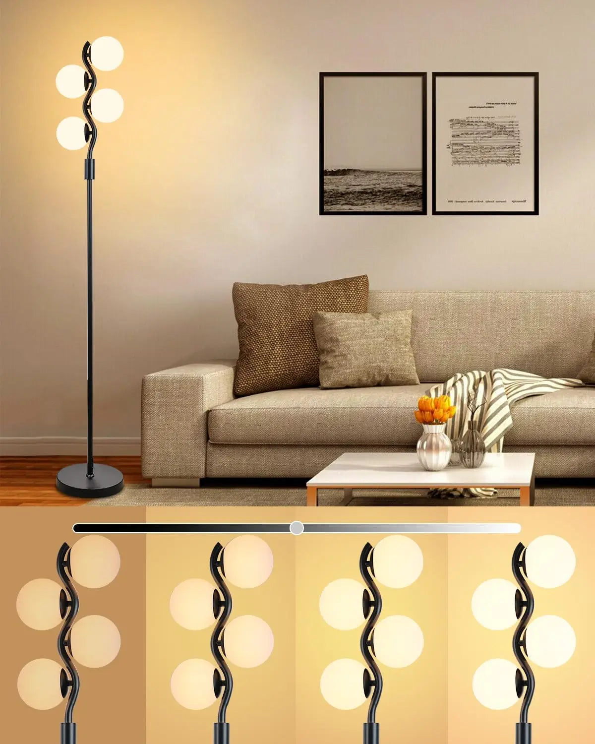 60IN Dimmable Floor Lamp, Mid Century Standing Lamps with 3 Globe Soft Warm White