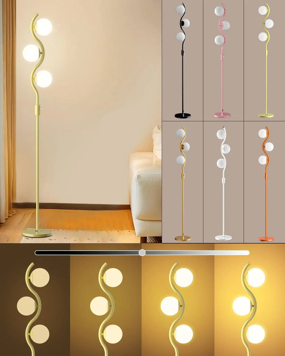 60IN Dimmable Floor Lamp, Mid Century Standing Lamps with 3 Globe Soft Warm White