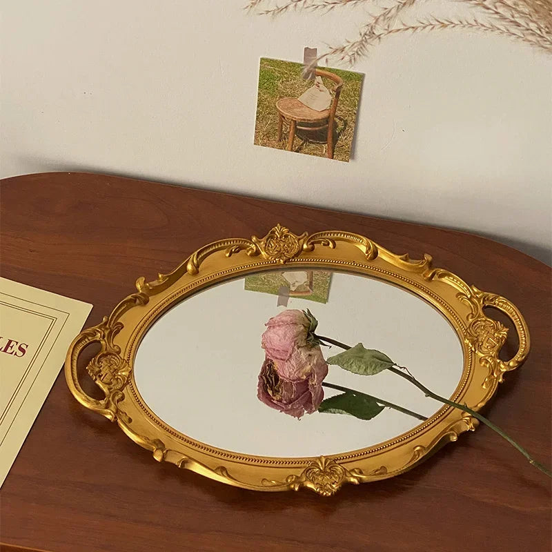 European Decorative Plate Storage Tray Oval Plate Jewelry  Rotary Candy Tray Mirror Decorative Make Up Mirror