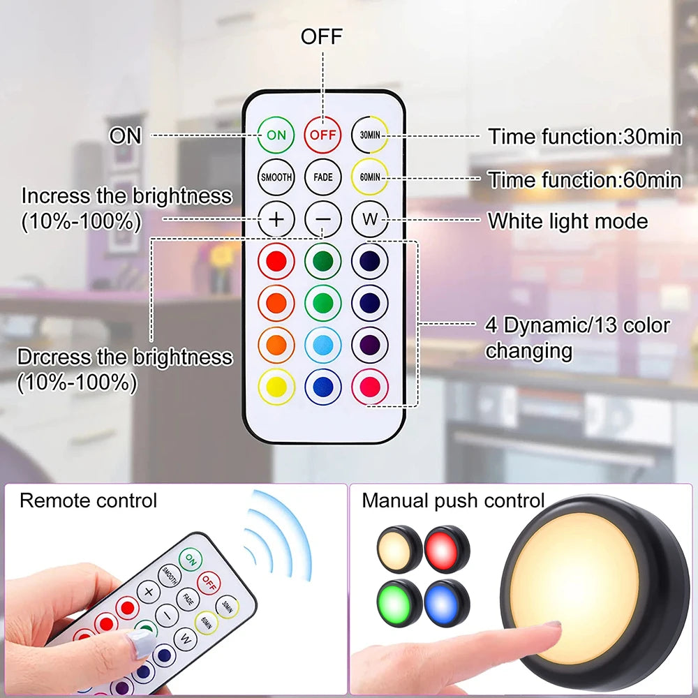 6Pcs RGBW LED Night Lights Remote Control Dimmable Under Cabinet Light Battery-Operated Wireless