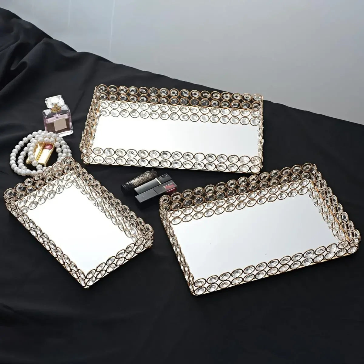 Crystal Decorative Tray Table Makeup Organizer Glass Mirror  Luxury Serving Tray Home Trinket Dish