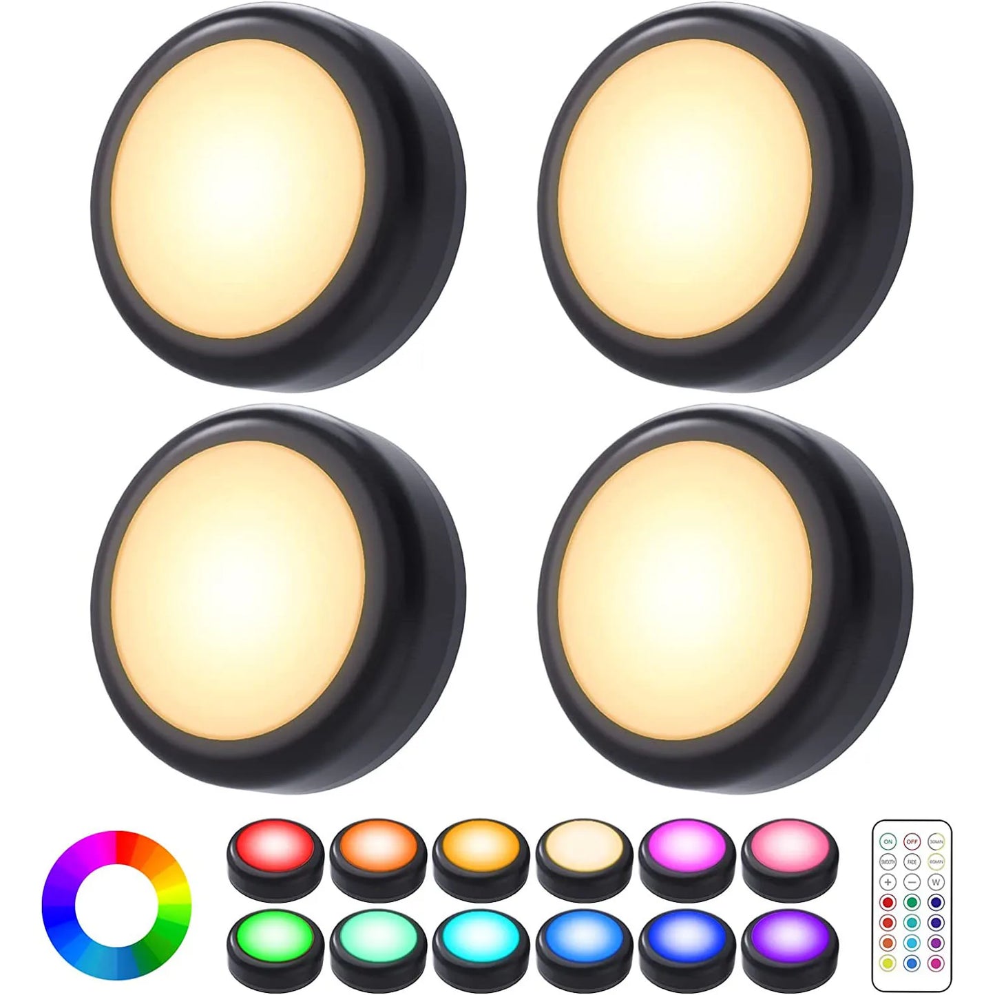 6Pcs RGBW LED Night Lights Remote Control Dimmable Under Cabinet Light Battery-Operated Wireless