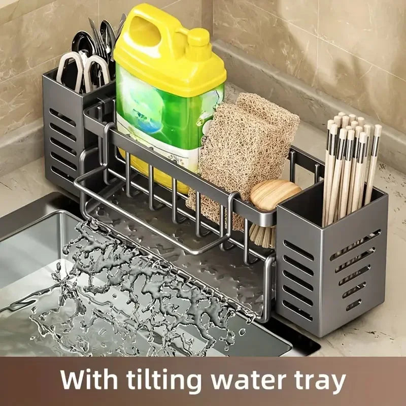 Stainless Steel Kitchen Sink Storage Rack Space Saving Built-in Sponge Rack and Drainage Basket for Kitchen